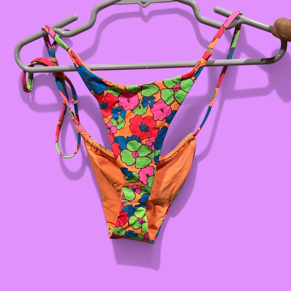 Cute Frankie’s Bikinis bottoms floral neon bright thong cheeky tie sides NWOT